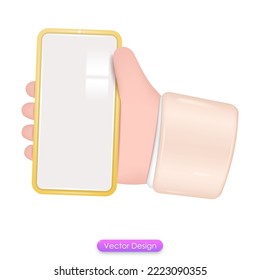 Mano 3D sosteniendo el smartphone aislado sobre fondo blanco. Diseño realista de estilo de dibujos animados de 3d para aplicaciones móviles, plantilla de página web. Ilustración vectorial 3d.