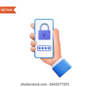 3d hand holding smartphone with padlock and password isolated over white background. Internet security concept. 3d render. Vector illustration