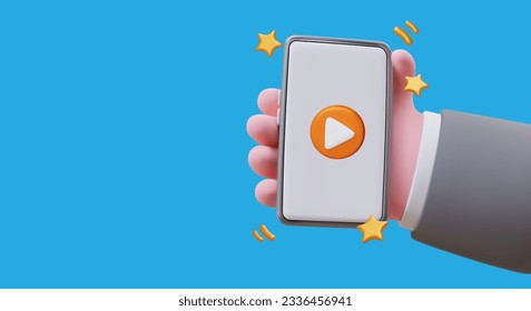 3D hand holding smartphone with play button on screen. Symbol of start, beginning. Activation of program, application. Color horizontal concept for phone apps