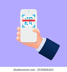 Mano 3D que sostiene el Smartphone que escanea el código QR: Icono del Vector de la historieta para las promociones de las compras en línea, los pagos móviles, y las ofertas especiales. Vector.