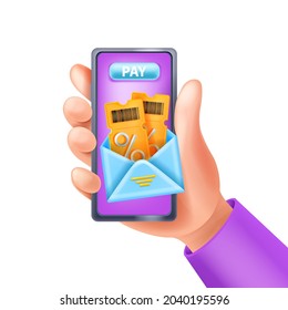 3D hand holding smartphone, vector payment voucher illustration, tickets, blue envelope, mobile app. Online shopping, virtual discount gift concept, advertising sale message. 3D hand, screen banner 