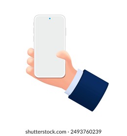 3D Hand Holding Smartphone with White Blank Screen. Vector.