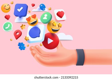 3D Hand holding  Social media icons, online social communication applications concept, emoji, hearts, chat on light pink background. 3d Vector illustration