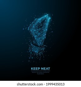 3d hand holding something tiny in dark blue. Keep neat, hand gesture concept. Digital vector human wrist, palm looks like starry sky. Abstract low poly wireframe with dots, lines and flying debris
