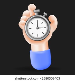 3D hand holding a stopwatch, symbolizing time management, productivity, and deadlines. business, scheduling, and efficiency concepts. vector illustration