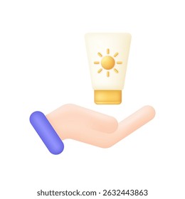 Mano 3D está sosteniendo el icono de tubo de crema de protector solar. Concepto de protección solar. Proteger de la radiación UV y SPF 50. Vector moderno y de moda en estilo 3d
