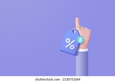 3D hand holding with tag online shopping price, discount coupon of cash for future use. promo offer for shopping online, Special offer promotion price tags 3d with hand background 3d render vector