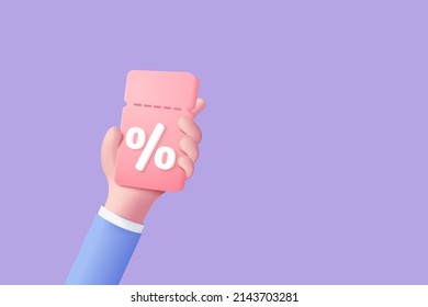 3D hand holding with tag online shopping price, discount coupon of cash for future use. sales with offer for shopping online, Special offer promotion price tags on purple background 3d render vector