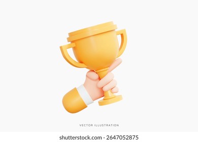 3D Hand holding Trophy cup. Business success concept. 1st place award. Character with gold reward. Victory prize icon isolated on white background. Cartoon creative design. 3D Vector illustration