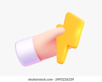 3D Hand holding a yellow lightning bolt. Vector illustration. 