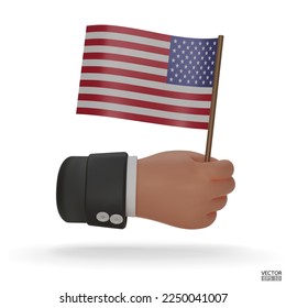 3d hand holds an American flag icon isolated on white background. Hand with black sleeve holding the United States of America flag. 4th of july independence day. 3D vector illustration.