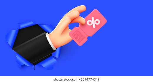 3d hand holds a coupon with percentage coupon through torn paper. Vector illustration