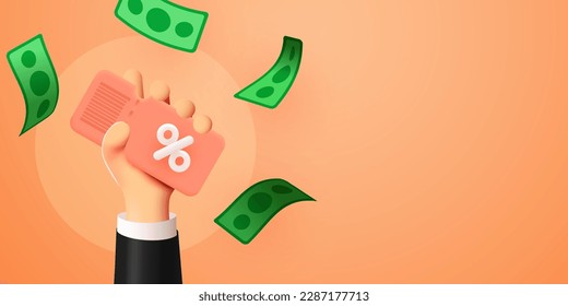 3D hand holds a coupon with percentages for discounts and sales of goods and falling money. Vector illustration