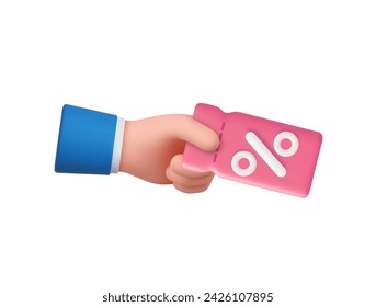 3d hand holds a coupon with percentages for various discounts and sales of goods