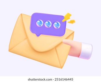 3D hand holds an envelope with an interactive chat. Suitable for marketing, email campaigns, social media communication, and sending important notifications.
