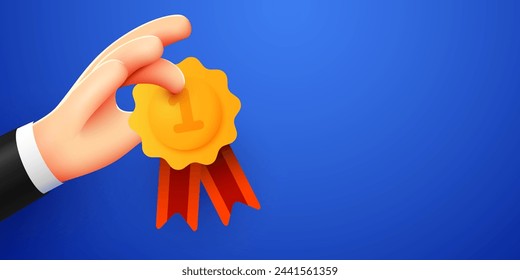 3D hand holds first place medal. Winner and champion concept. Vector illustration