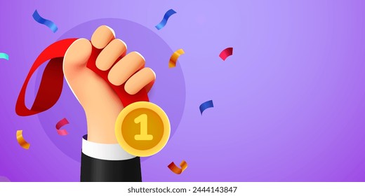 3D hand holds first place medal. Winner and champion concept. Vector illustration