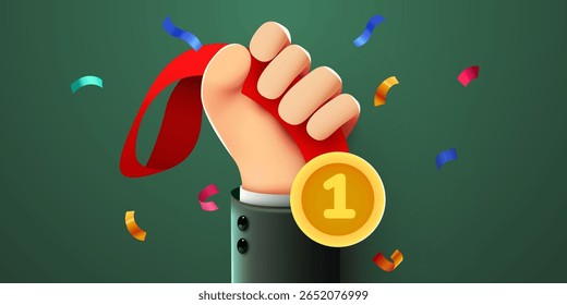 3D hand holds first place medal. Winner and champion concept. Vector illustration