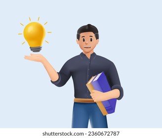 3D Hand holds a light bulb. Creative mind or brainstorm or creative idea. Idea creative inspiration concept. 3D cartoon style vector design illustrations.