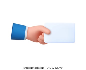 3d hand holds out blank paper label or tag. Businessman hand holding white paper. empty paper card with copy space. 3d rendering. Vector illustration