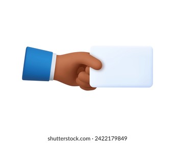 3d hand holds out blank paper label or tag. Businessman hand holding white paper. empty paper card with copy space. 3d rendering. Vector illustration