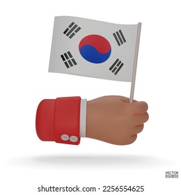 3d hand holds the Republic of Korea flag icon isolated on white background. Hand with red sleeve holding korea flag. Korea flag sign. 3D vector illustration.

