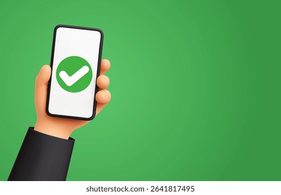 3d hand holds smartphone with check mark. Phone with green tick on screen. Success, confirmation and approval, access concept for apps, authentication, fin tech. Realistic render vector illustration.