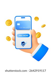 3d hand holds a smartphone with credit card and pay now button on screen, with safe guard icon, isolated on white background. Safe mobile credit card payment in 3d vector