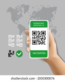 3d mano sostiene el smartphone en el fondo del mapa del mundo, plantilla de banner. Código QR en la pantalla de un teléfono móvil. Certificado de vacunación Digital International, pase verde para el control fronterizo de viajeros
