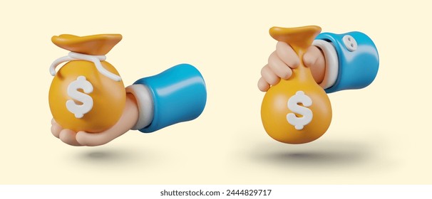 3D hand holds tied and untied bag of money. Illustrations for dynamic web design, process