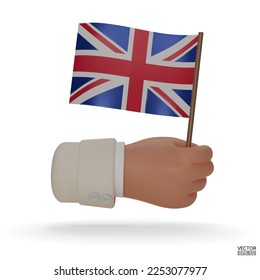 3d hand holds an United Kingdom flag icon isolated on white background. Hand with white sleeve holding flag. 3D vector illustration.