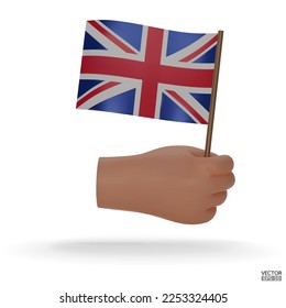 3d hand holds an United Kingdom flag icon isolated on white background. Hand holding flag. 3D vector illustration.