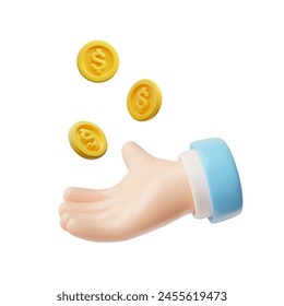 3D hand icon with a blue cuff flipping coins, capturing the concept of wealth and financial transactions in vector illustration.