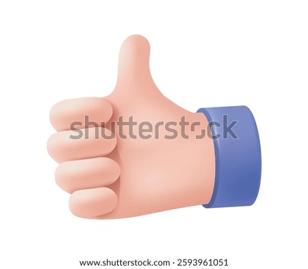 3d hand icon. Cartoon arm showing thumbs up as symbol of approval and appreciation. Funny emoji with palm showing gesture or expressing emotion. Realistic vector illustration in plasticine style