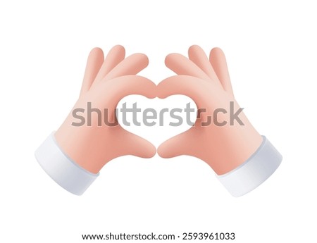 3d hand icon. Cartoon arms showing heart. Funny emoji with palm showing gesture or expressing emotion of love and romance. Realistic vector illustration in plasticine style