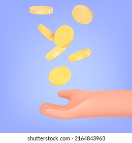 3d hand icon and falling coins. Money,finance,payment, cashback concept. Hand of cartoon character takes a loan, gets a cash back, buy, charity. Realistic vector illustration.