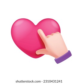 3D hand icon finger cursor click, touch button vector illustration, web UI pointer gesture, heart. Cartoon push interface rating symbol, SMM customer feedback concept, rate sign. Hand click clipart