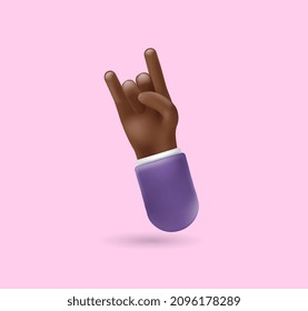 3d hand icon with five fingers on pink background. Plastic volumetric hand with dark skin for your design. Vector realistic gesture illustration, business clipart, dark hands isolated