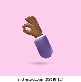 3d hand icon with five fingers on pink background. Plastic volumetric hand with dark skin for your design. Vector realistic gesture illustration, business clipart, dark hands isolated
