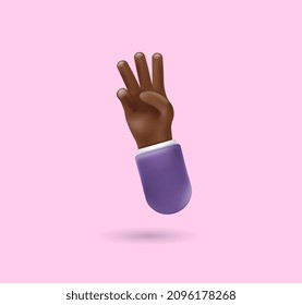 3d hand icon with three fingers on pink background. Plastic volumetric hand with dark skin for your design. Vector realistic gesture illustration, business clipart, dark hands isolated