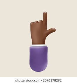 Icono de mano 3d con dos dedos sobre fondo amarillo. Mano volumétrica plástica con piel oscura para su diseño. Ilustración de gesto vectorial realista, clipart empresarial, manos oscuras aisladas