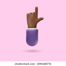 3d hand icon with two fingers on pink background. Plastic volumetric hand with dark skin for your design. Vector realistic gesture illustration, business clipart, dark hands isolated