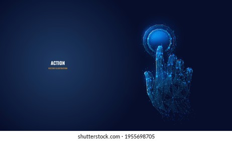 3d hand with index finger pressing or pushing button. Action or gesture concept in dark blue. Abstract vector image looks like starry sky. Digital polygonal wireframe with dots, lines and shapes