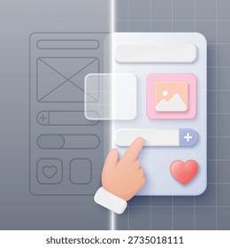 3d hand interacting with modern mobile app interface, showing prototype grid evolution from wireframe to colorful components for ux ui design and product development vector illustration