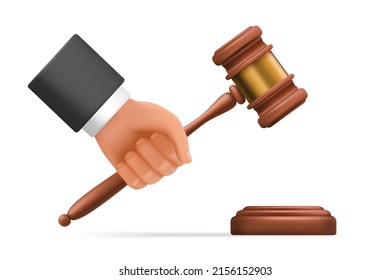 3d hand of judge with gavel vector illustration. Arm of lawyer in suit holding wooden hammer on auction or court hearing, symbol of legislation authority isolated on white. Justice, judgement concept