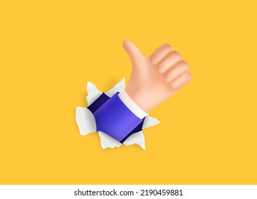 3D hand and like. Cartoon flexible human character. Arm through torn paper poster. Promo performance. Toy solution. Up thumb. Agreement gesture icon. Vector illustration background