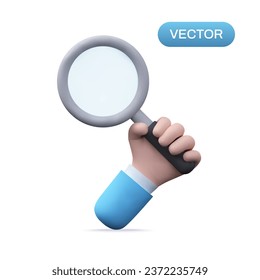 3d hand with magnifying glass icon. Hand Holding Big Magnifying Glass Lens. Search concept. Vector magnifier illustration