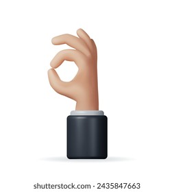 3D Hand Making OK Gesture Isolated. Render Hand make OK Symbol with Fingers. Positive Sign or Emotion. Customer Review Rating or Client Feedback. Body Language. Vector Illustration