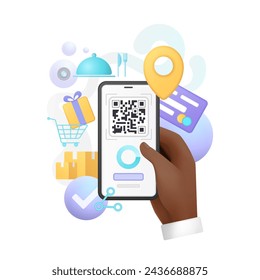 3D hand of man holding phone to scan QR code, buy and order food in restaurant vector illustration