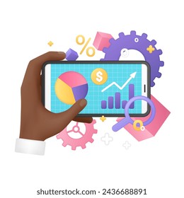 3D hand of man holding phone with finance graphs on screen, using electronic gadget for business data analytics vector illustration